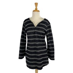 Andria Lieu M  Black Gray Striped Top Blouse Floral Art To Wear Sheer Career